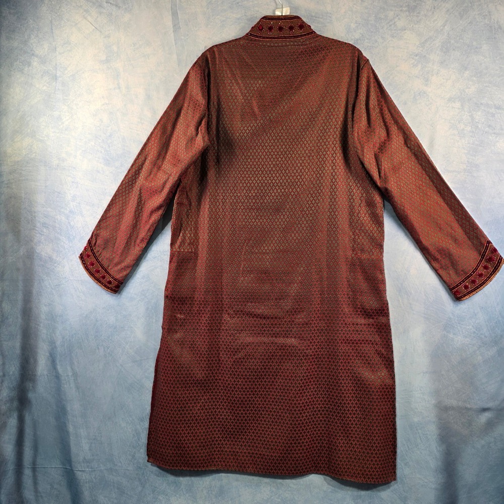 Mens Red Green Woven Kurta Tunic Embroidered Velvet Beadwork Traditional 105 - Picture 11 of 13